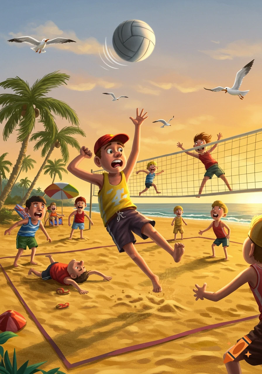 Cartoon illustration of kids playing chaotic volleyball on a sunny beach at sunset, with seagulls flying above.