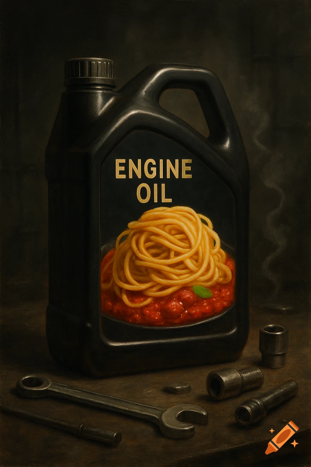 A still-life painting of a black engine oil can with a label showing spaghetti with sauce. Tools lie on a dark table.