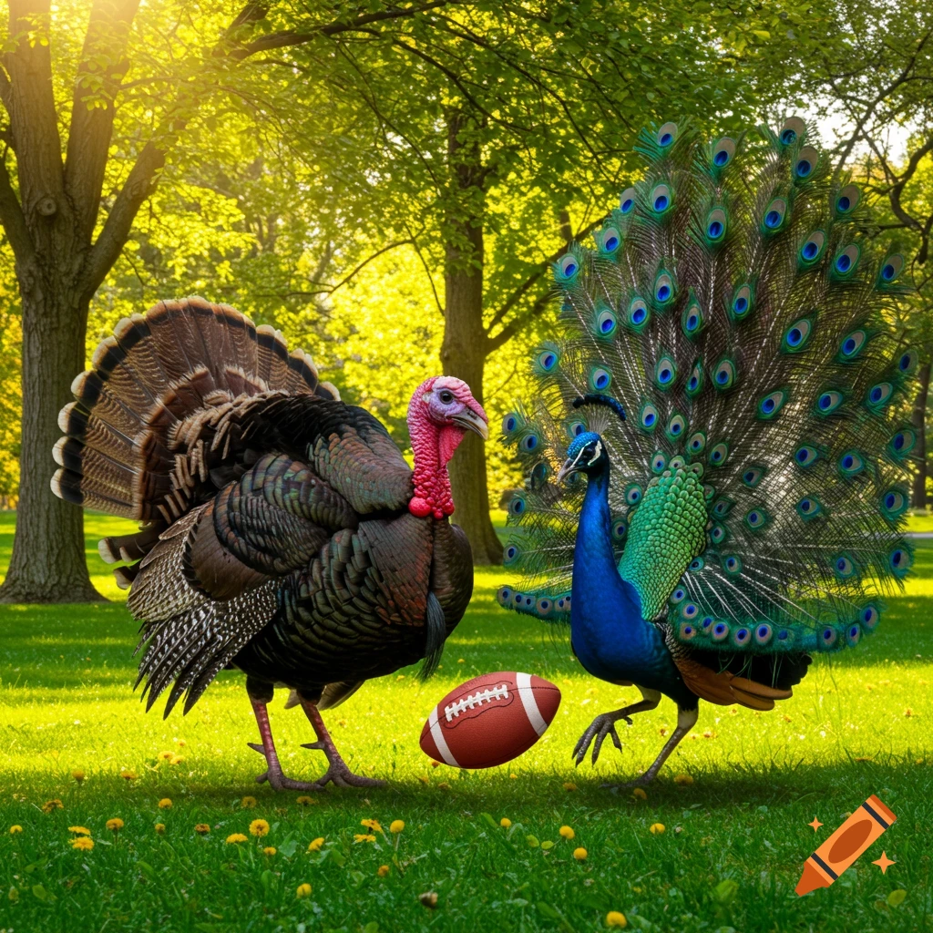 A photorealistic image of a turkey and a peacock with a football in a sunny park.