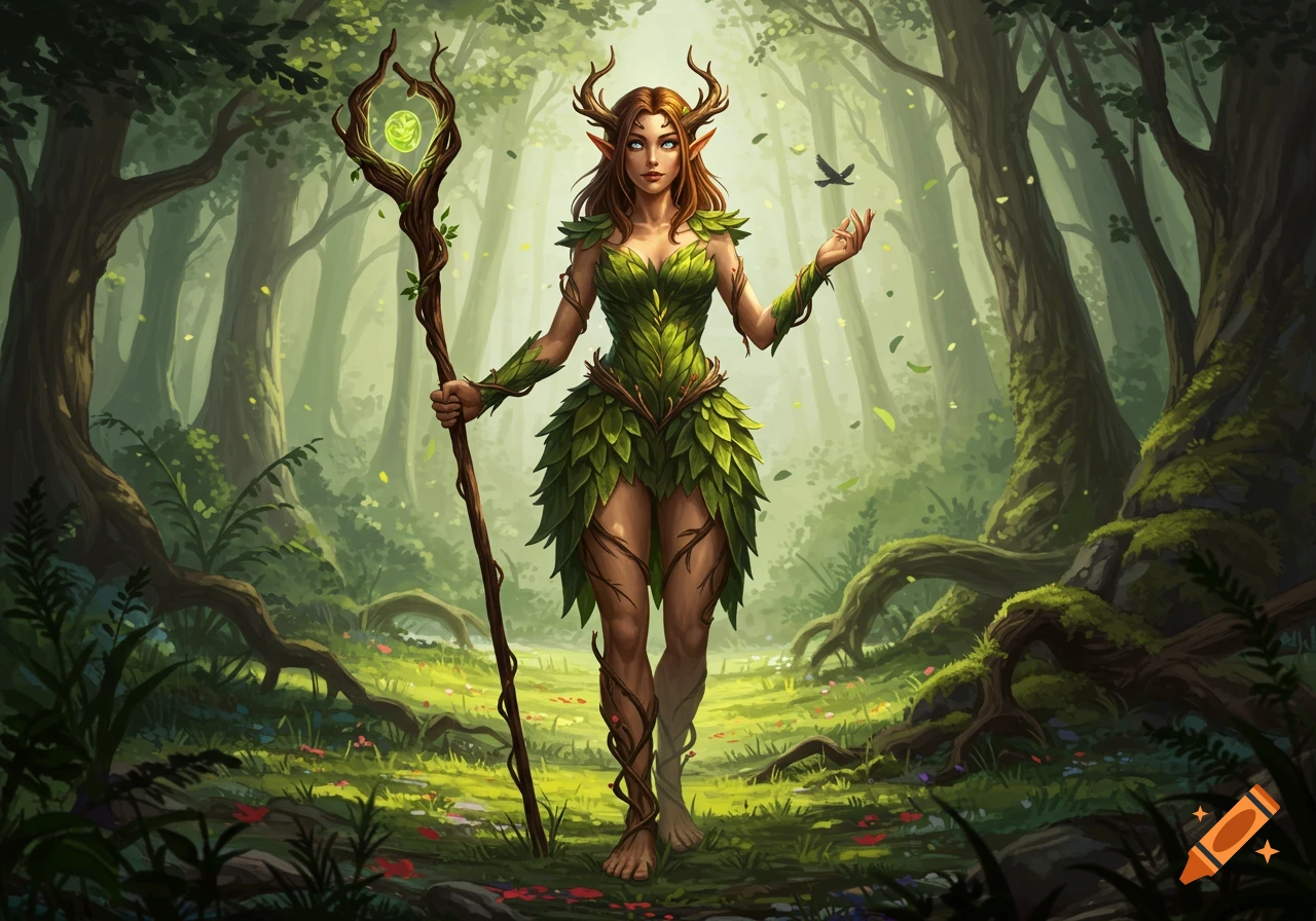 A wood elf druid with antlers and a leaf dress stands in a vibrant, mystical forest, holding a glowing staff.