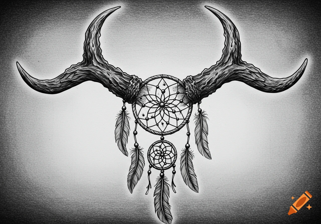 Black and white drawing of a dream catcher with feathers and beads, suspended between a pair of gnarled horns.