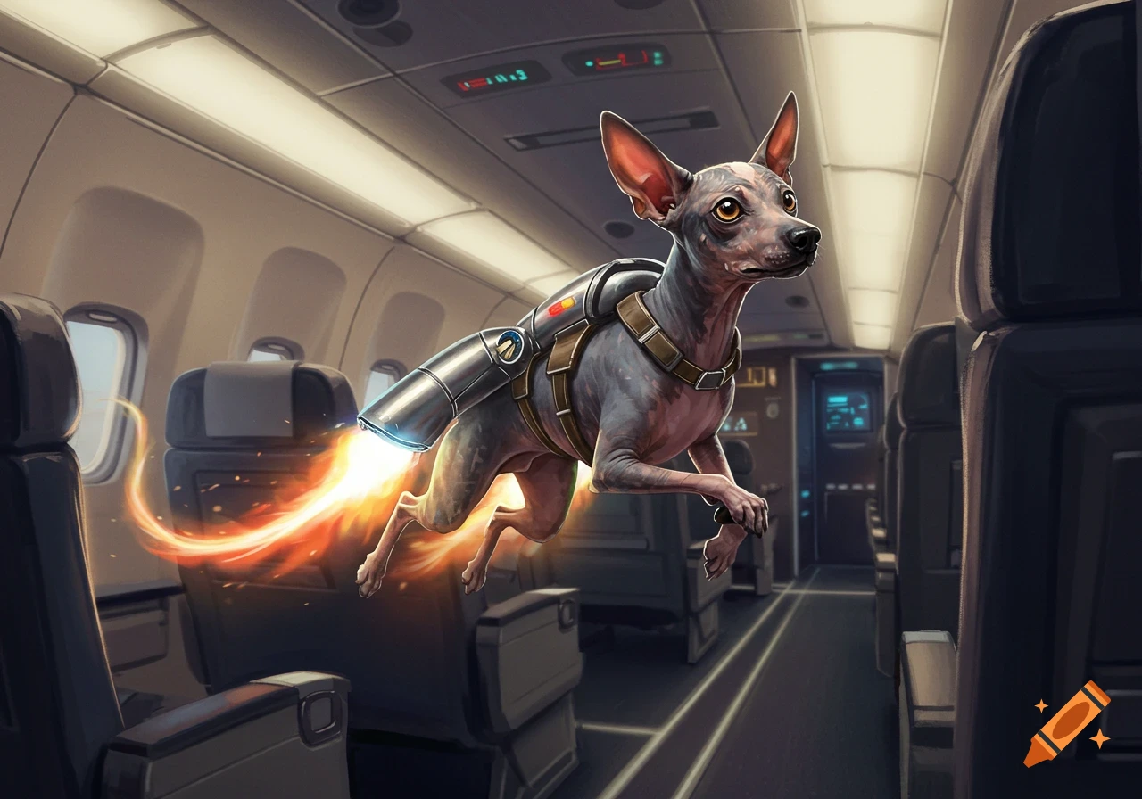 A hairless dog flies through an airplane cabin using a futuristic jetpack strapped to its back, leaving a fiery trail.