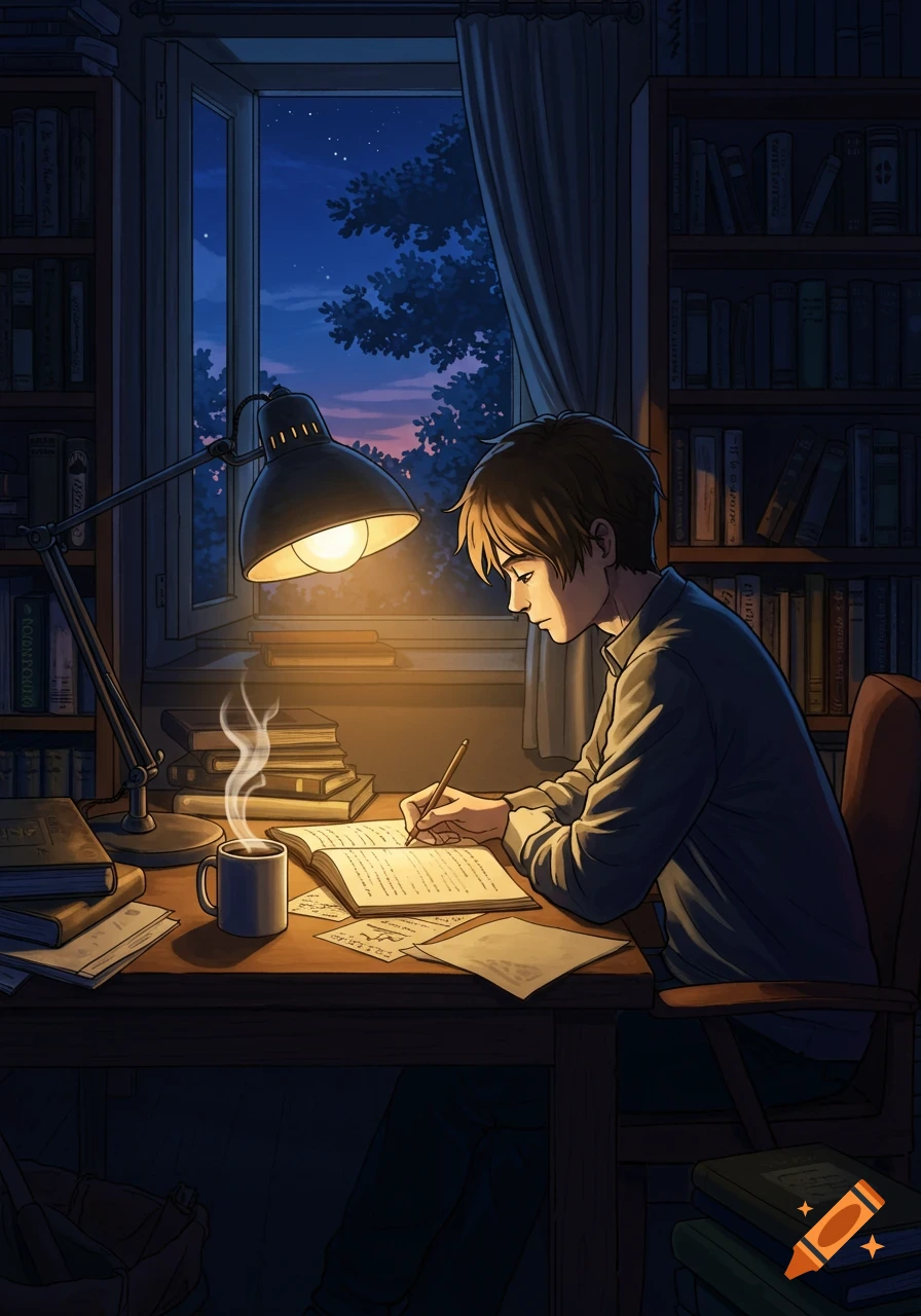 An anime-style illustration of a person studying at a desk in a dimly lit room at night, surrounded by books.