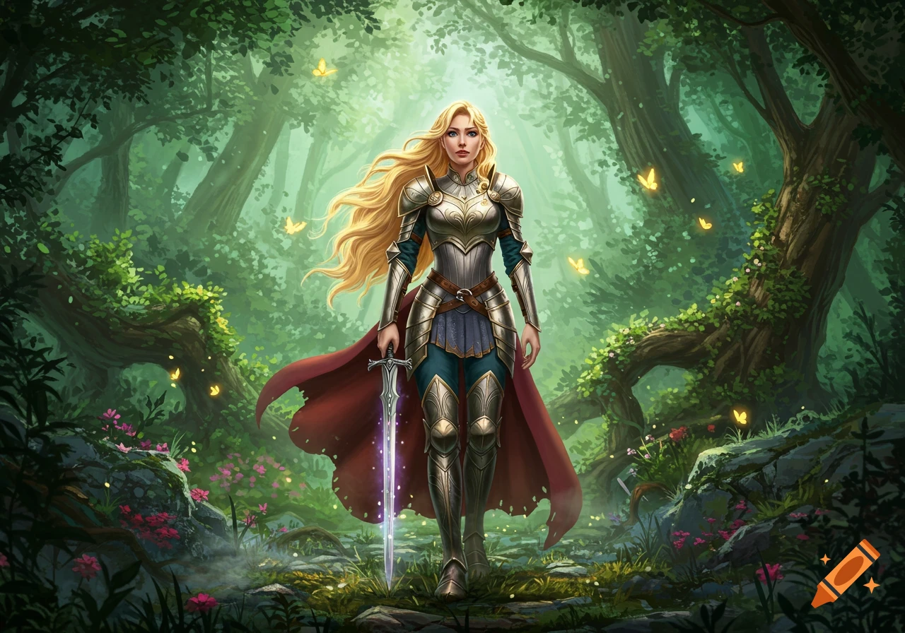Blonde female warrior in shining armor holds a glowing sword, standing in an enchanted forest with yellow butterflies.