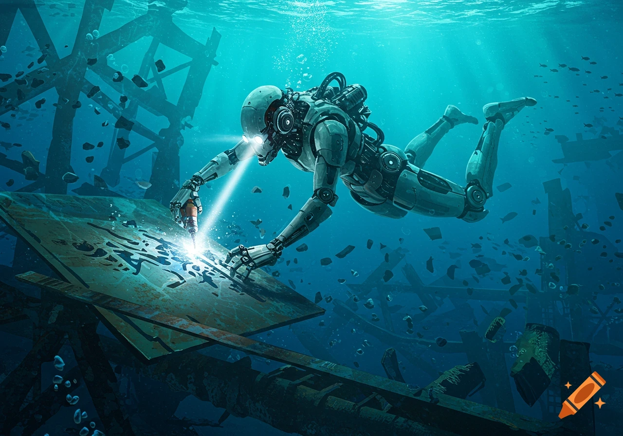 A detailed robot diver intensely cuts glowing patterns into a large metal sheet underwater, surrounded by blue light and sunken debris.