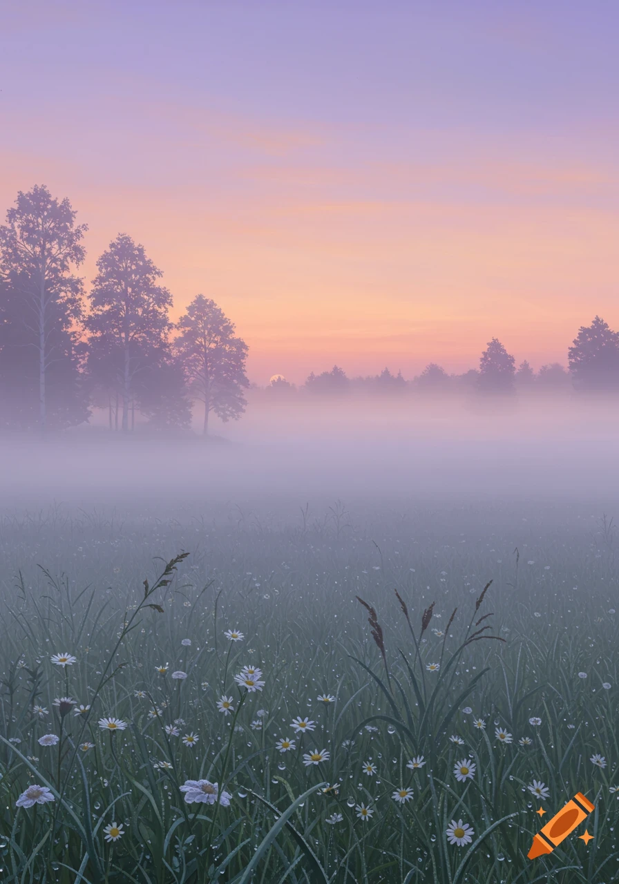 A tranquil misty morning landscape with a field of dew-covered daisies and tall grass in the foreground, silhouetted trees against a soft pink and purple sunrise.