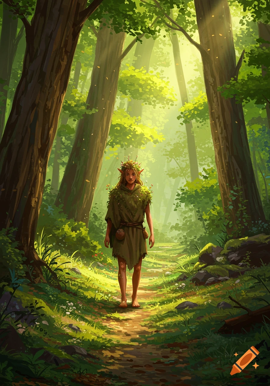 An elf-like forest dweller with long ears and a leaf crown walks barefoot on a sunlit path in a vibrant green forest. Digital painting.