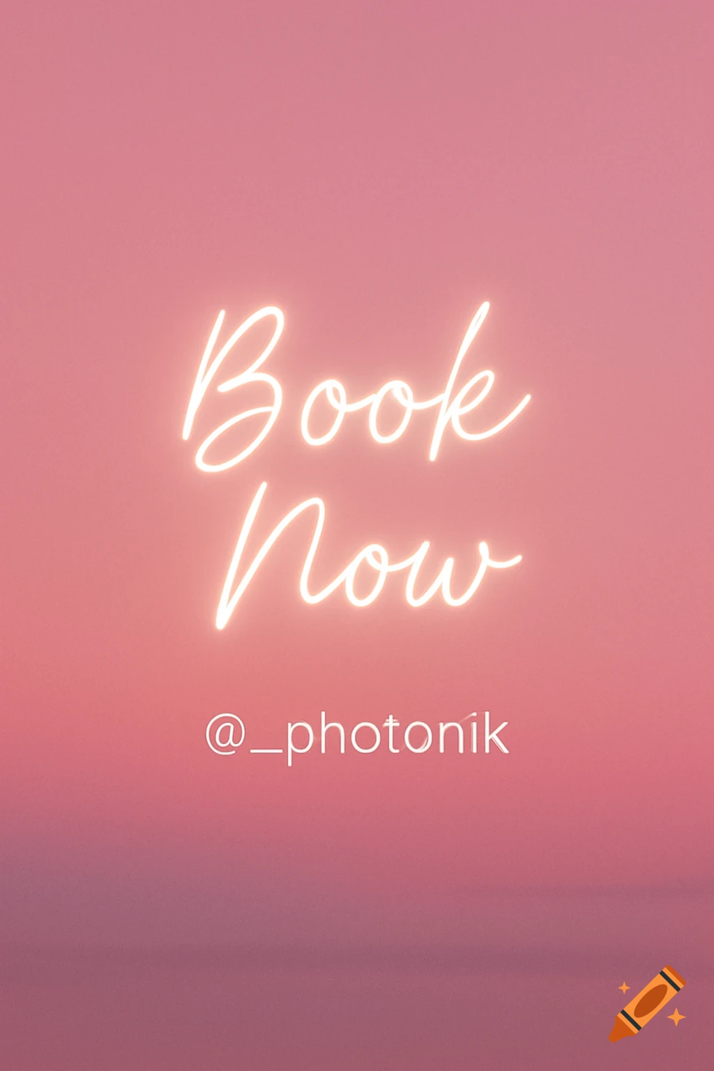 White neon sign reading 'Book Now' and '@_photonik' on a pink gradient background.