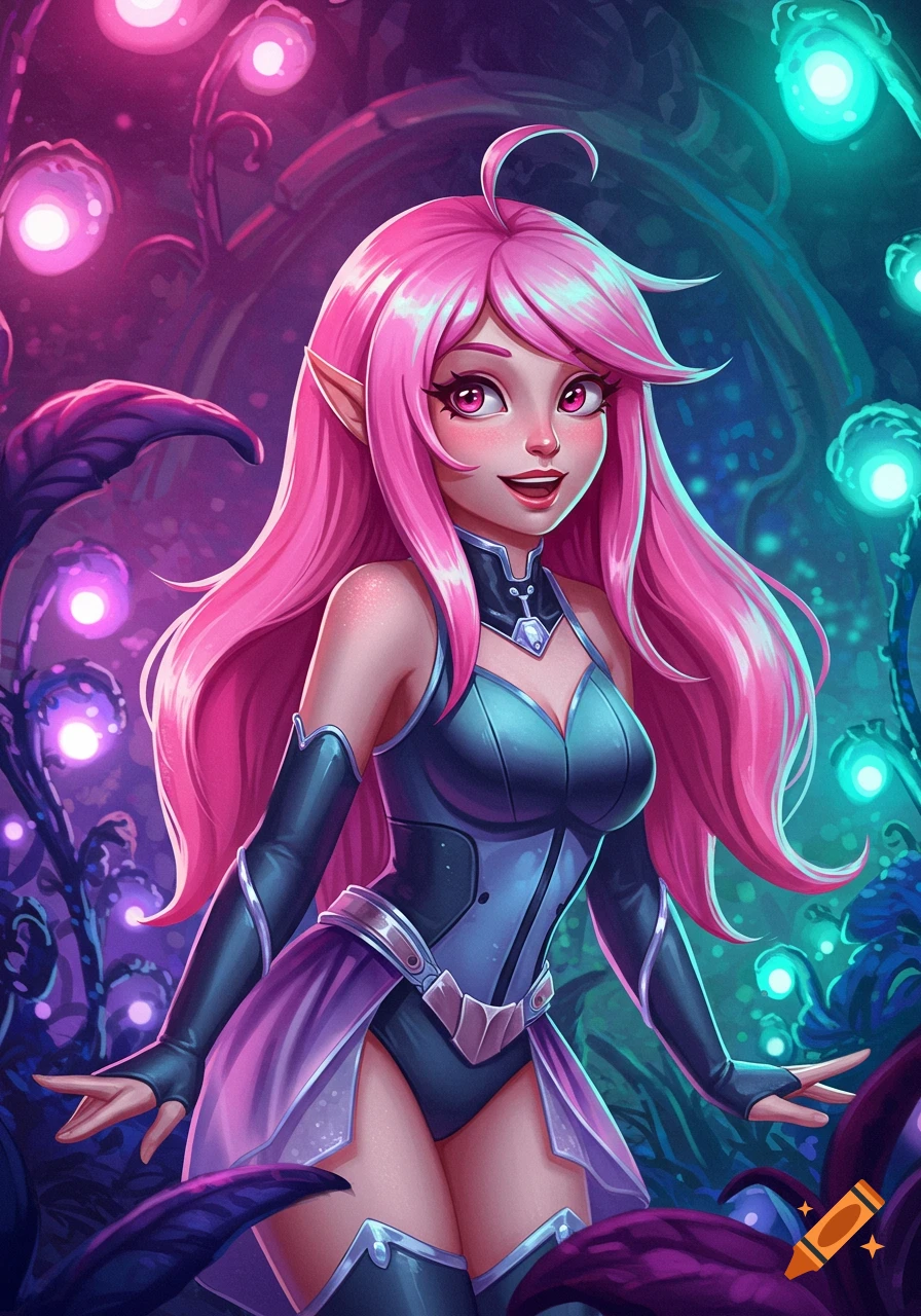 A pink-haired, pink-eyed elf-like woman in a blue and purple outfit smiles in a glowing magical forest.