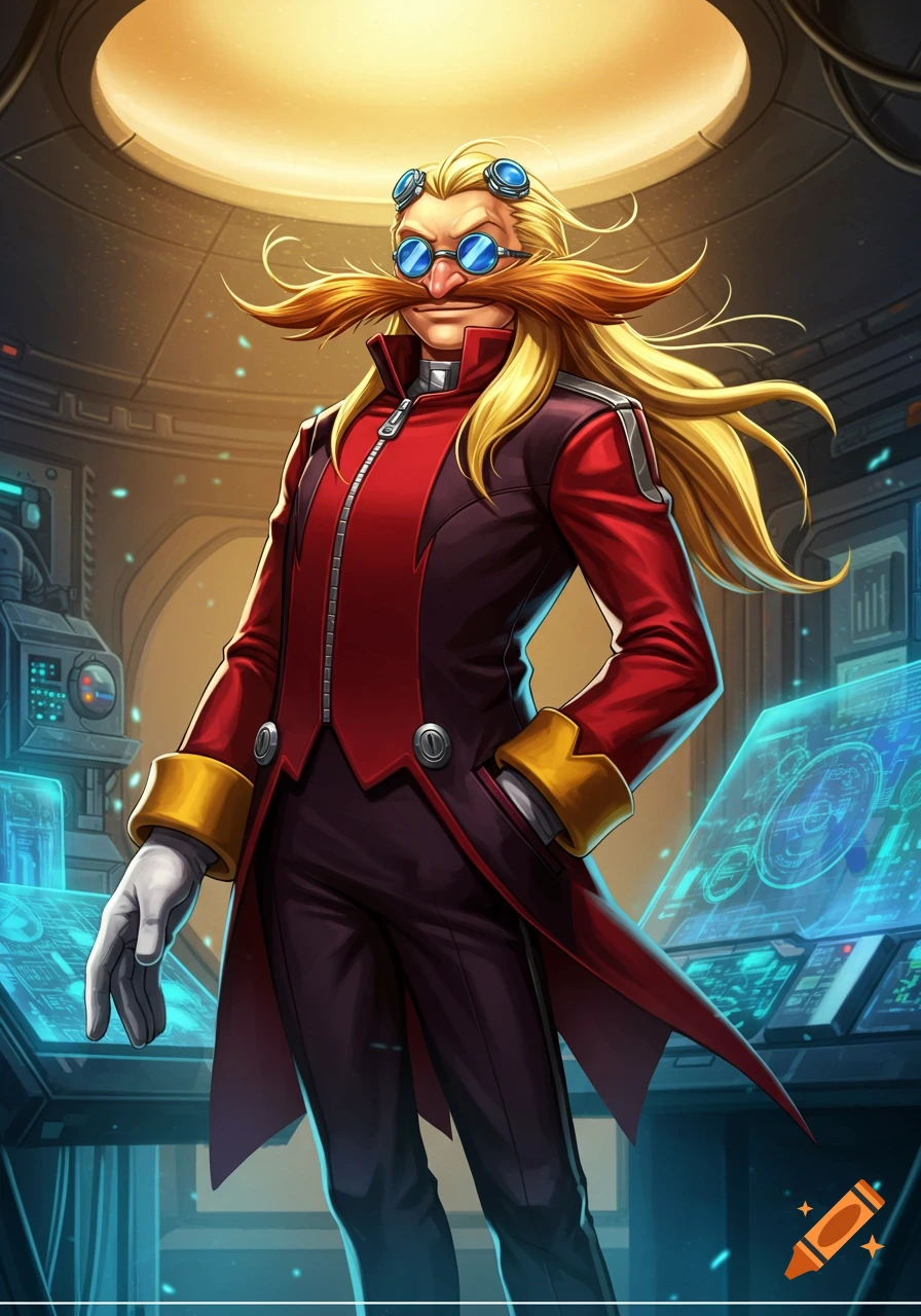 A youthful Dr. Eggman with long blonde hair, a large mustache, goggles, and blue glasses, wearing a red jacket in a sci-fi lab.
