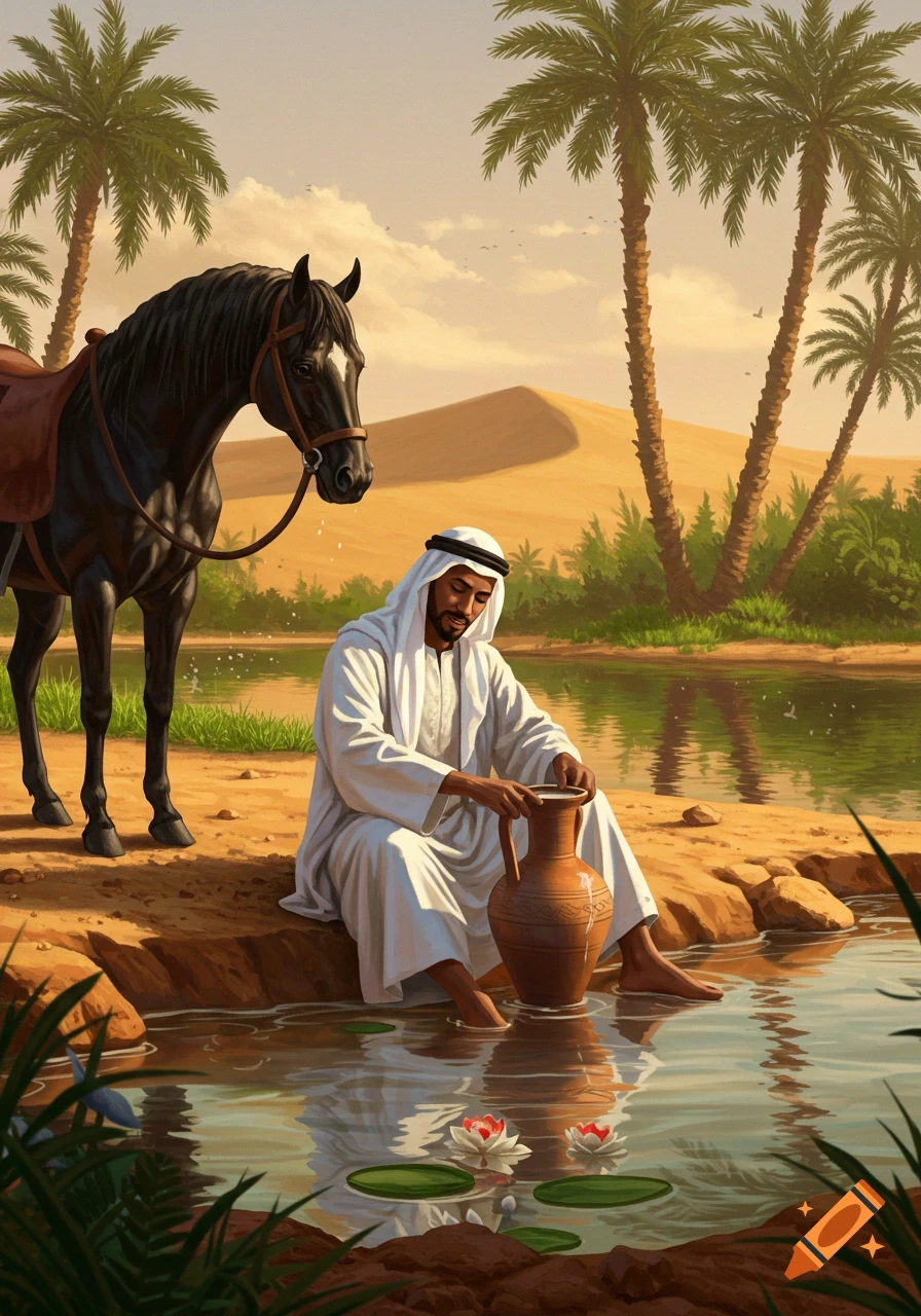 Illustration of a man in white traditional clothes by an oasis, holding a jug, with a black horse, palm trees, and desert dunes.