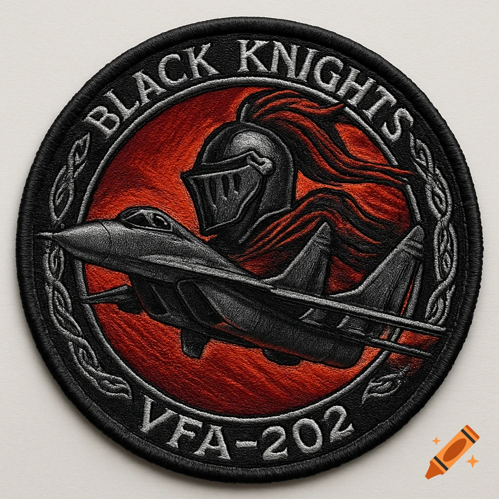 Embroidered military patch featuring a knight's helmet, a fighter jet, and the text 'BLACK KNIGHTS' and 'VFA-202' on a red and black background.