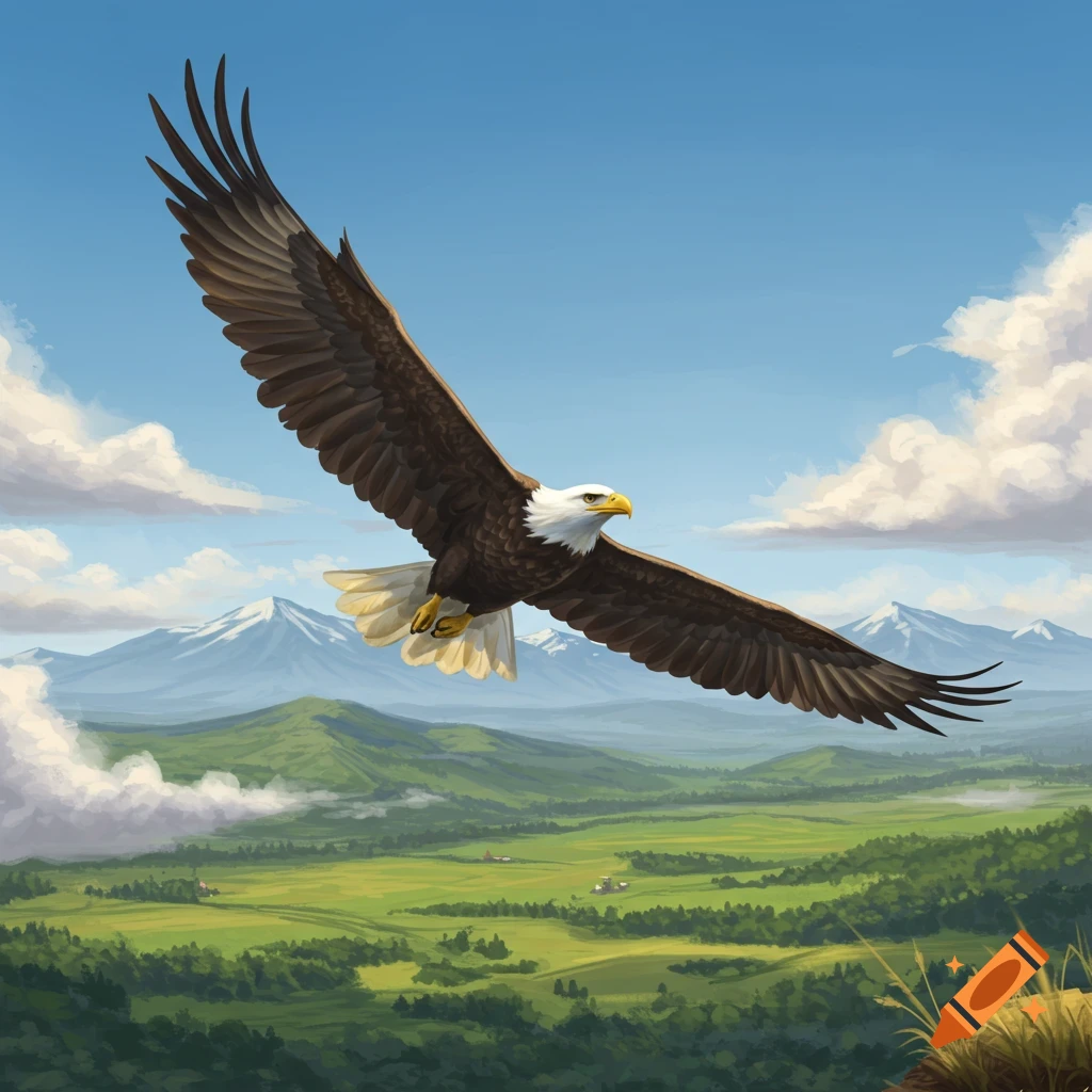 A majestic bald eagle soars with wide wings over a lush green valley and snow-capped mountains under a blue sky, in a painterly style.