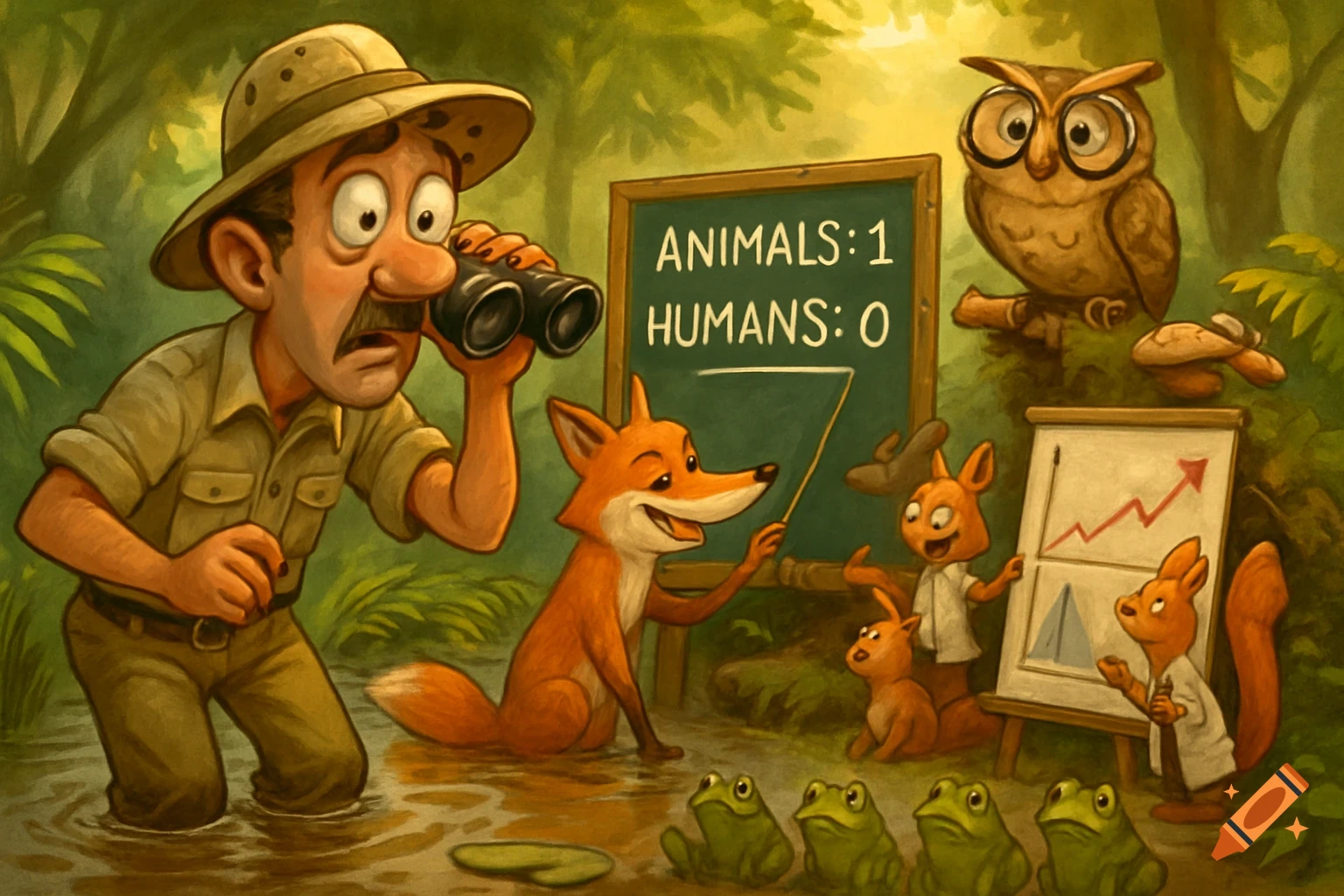 Cartoon safari biologist binoculars a fox pointing at a blackboard, with an owl, squirrels, and frogs in a jungle setting.