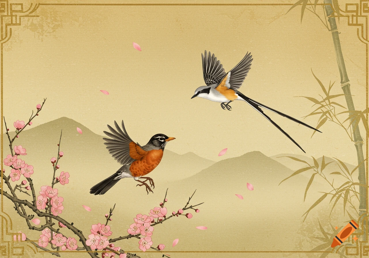 Vintage Asian painting of an American Robin and a scissortail flycatcher flying amidst pink cherry blossoms, bamboo, and mountains.