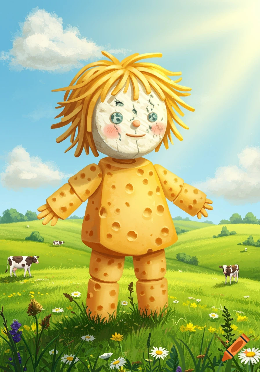 A whimsical cheese doll with button eyes and straw-like hair stands in a sunny green field with wildflowers and grazing cows.