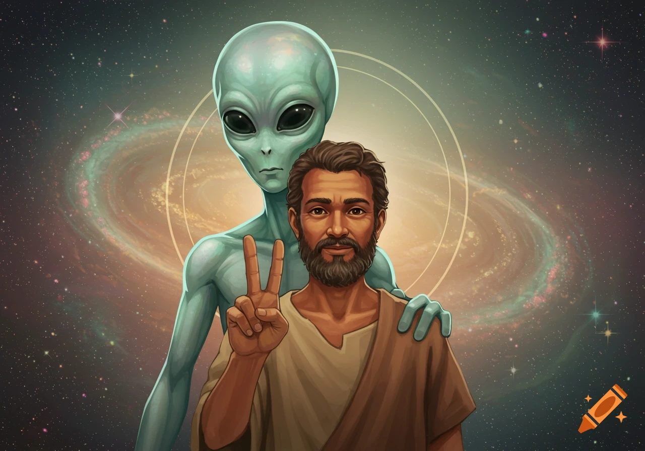 An illustrated alien stands behind a bearded man holding up a peace sign, against a cosmic galaxy background.