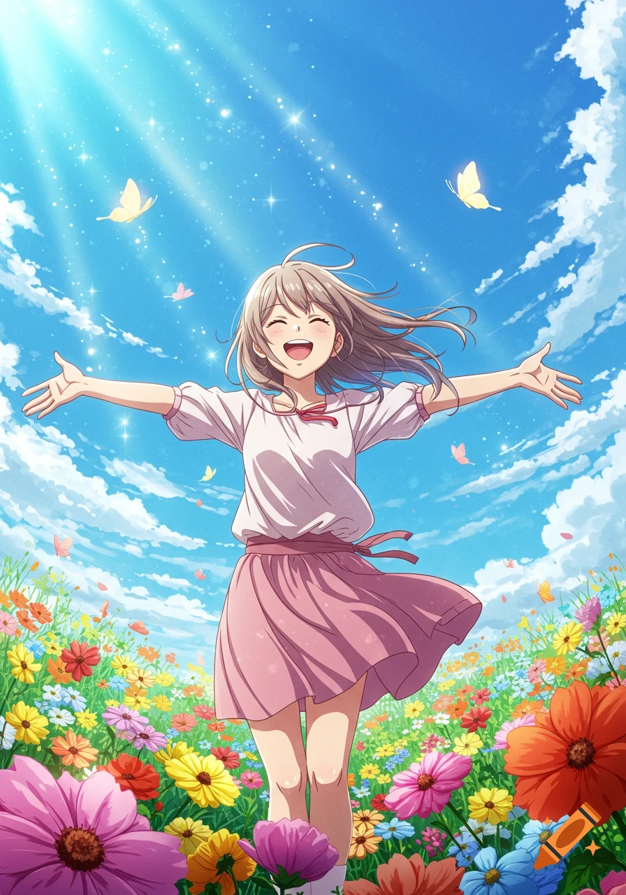 A cheerful anime girl with open arms smiles in a vibrant flower field under a sunny blue sky with butterflies and sparkles.