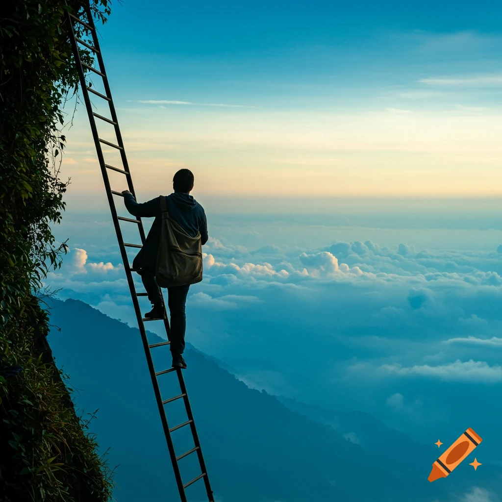 A person in silhouette climbs a ladder on a cliff edge, looking over a sea of clouds and distant mountains under a blue sky.