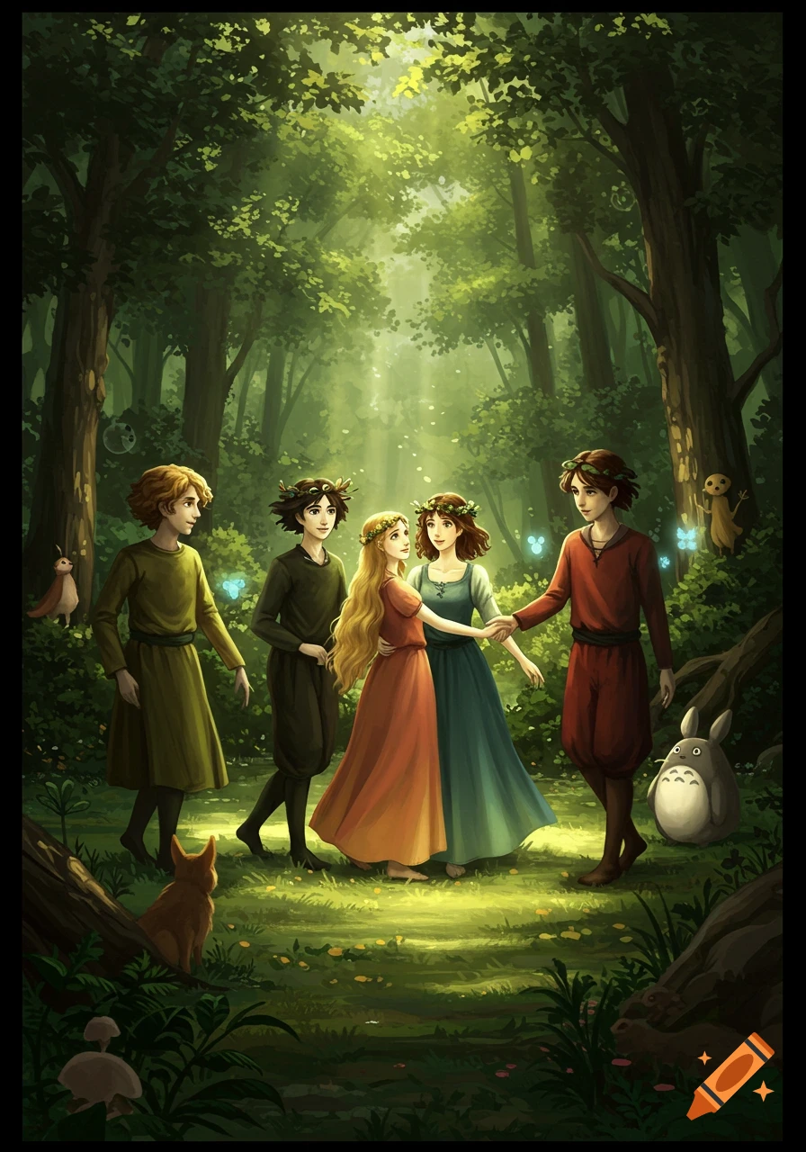 Five young people and small forest creatures in a sunlit Studio Ghibli-style forest clearing.