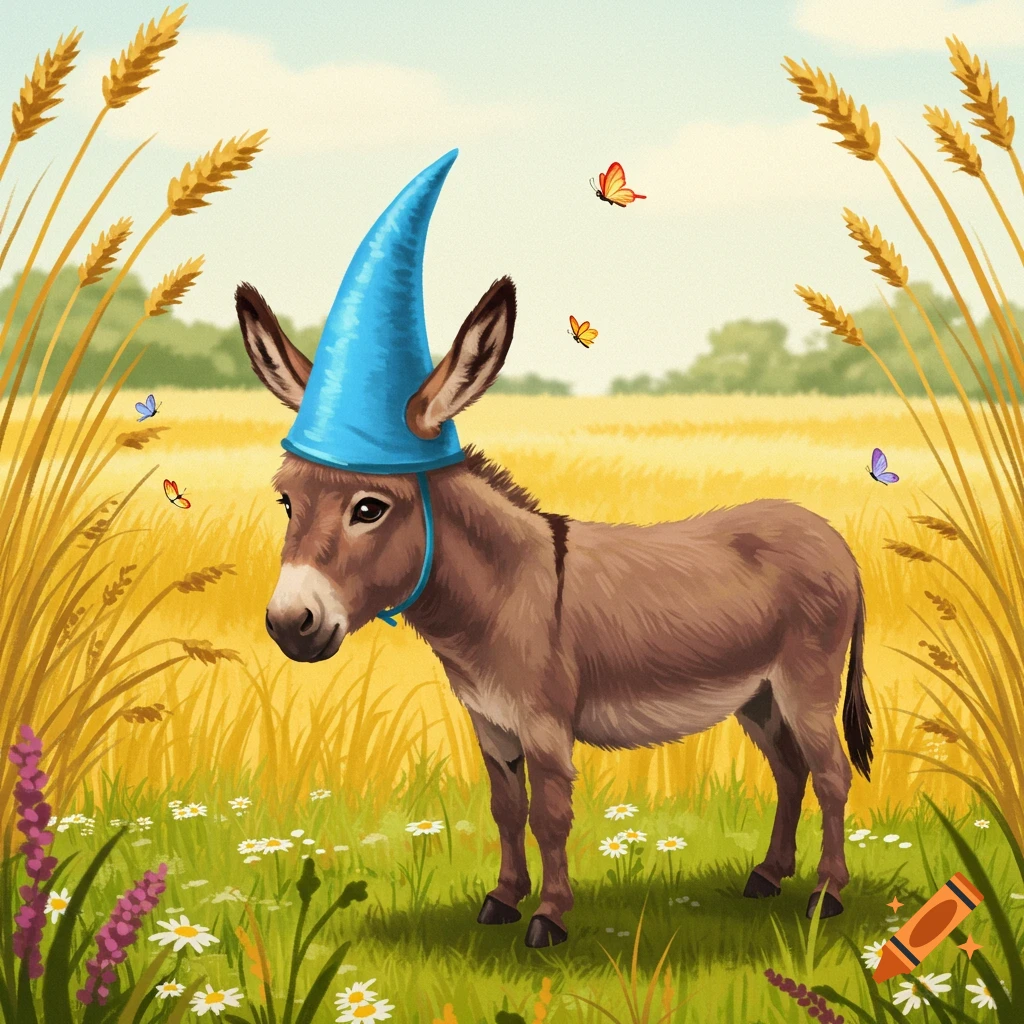 An illustrated brown donkey wearing a blue dunce cap stands in a field with wheat, wildflowers, and flying butterflies.