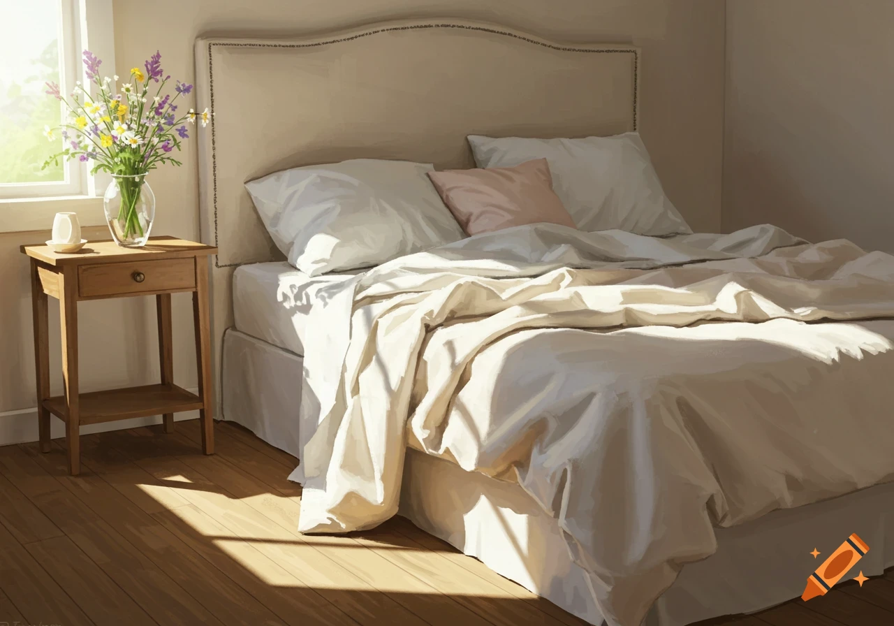 An illustration of a bright bedroom with a neatly made bed, a wooden nightstand with a vase of flowers, and sunlight on the floor.