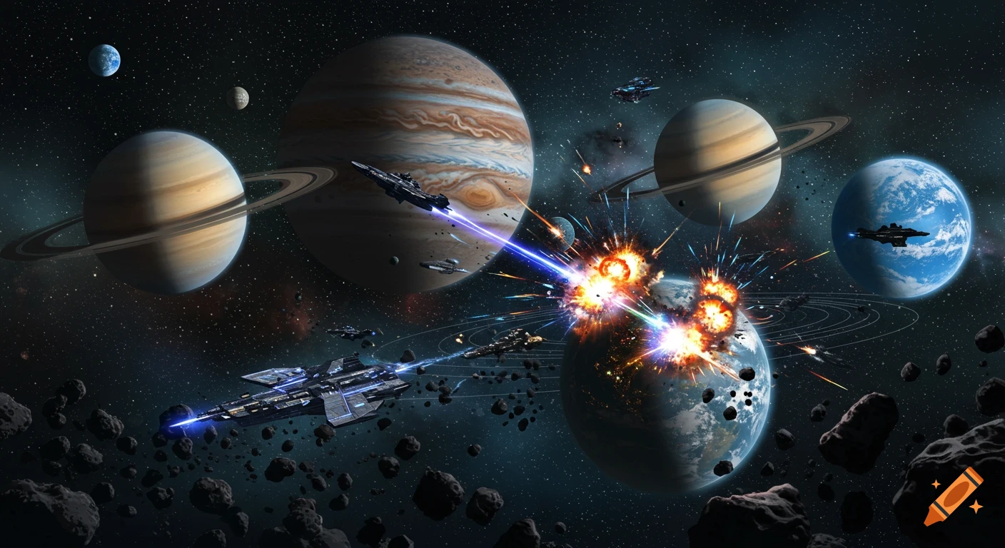 A vivid space battle featuring spaceships attacking a planet with explosions, amidst ringed gas giants, a blue planet, and asteroids.