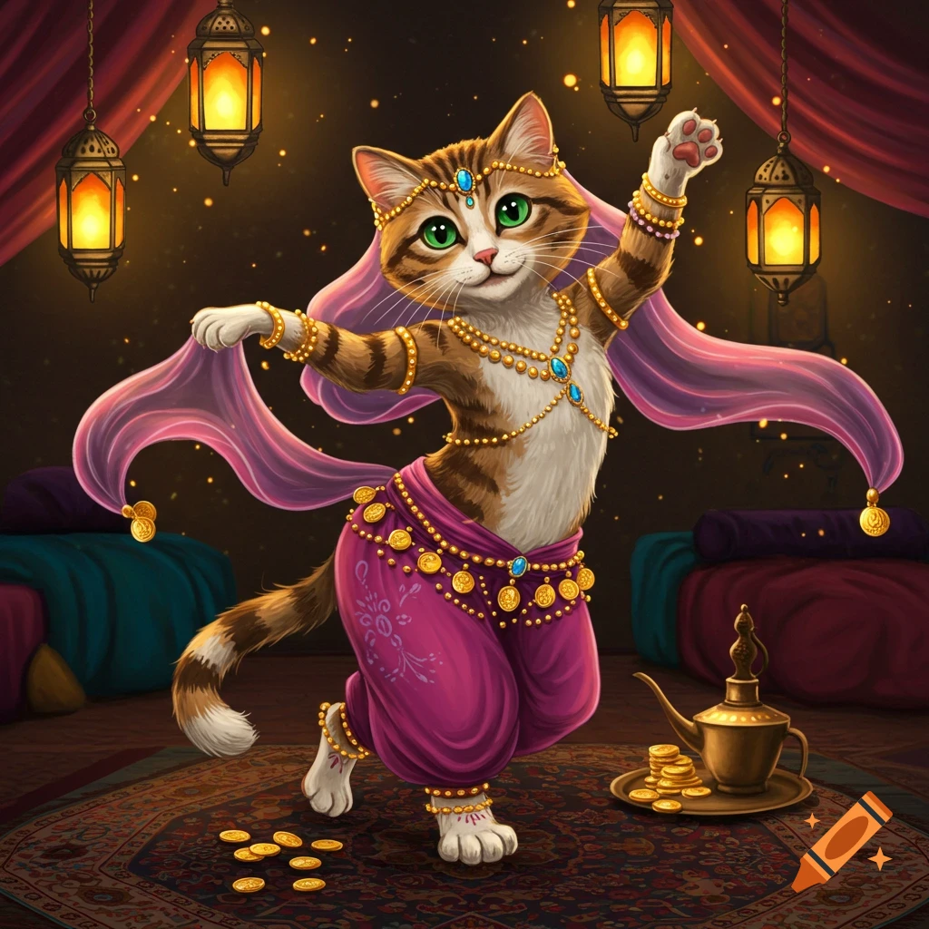 A cartoon tabby cat, adorned with gold jewels and a pink veil, belly dancing in a dimly lit, richly decorated room with lanterns and scattered gold coins.