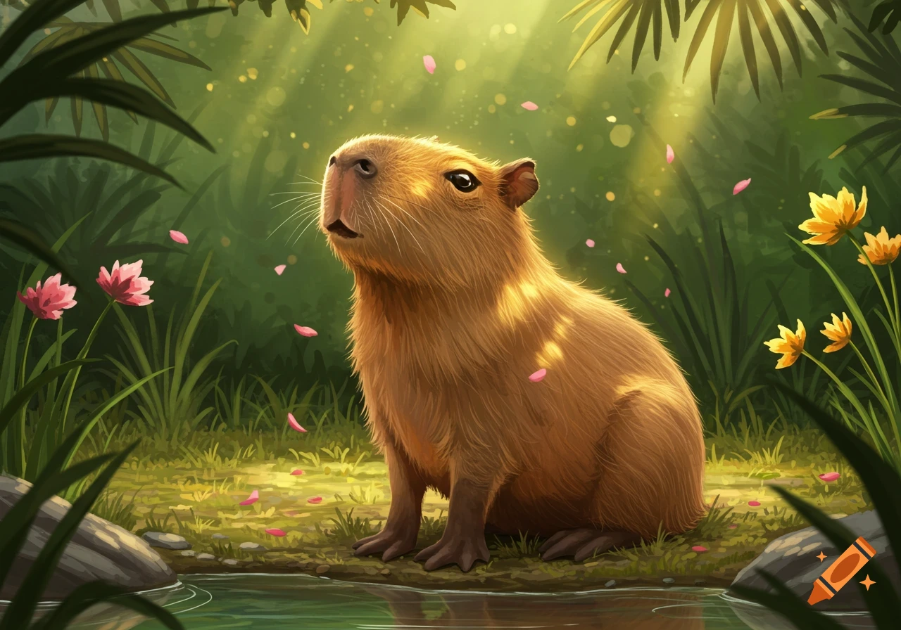 An illustrated capybara sits by a stream in a sunlit, lush green forest with pink petals falling.