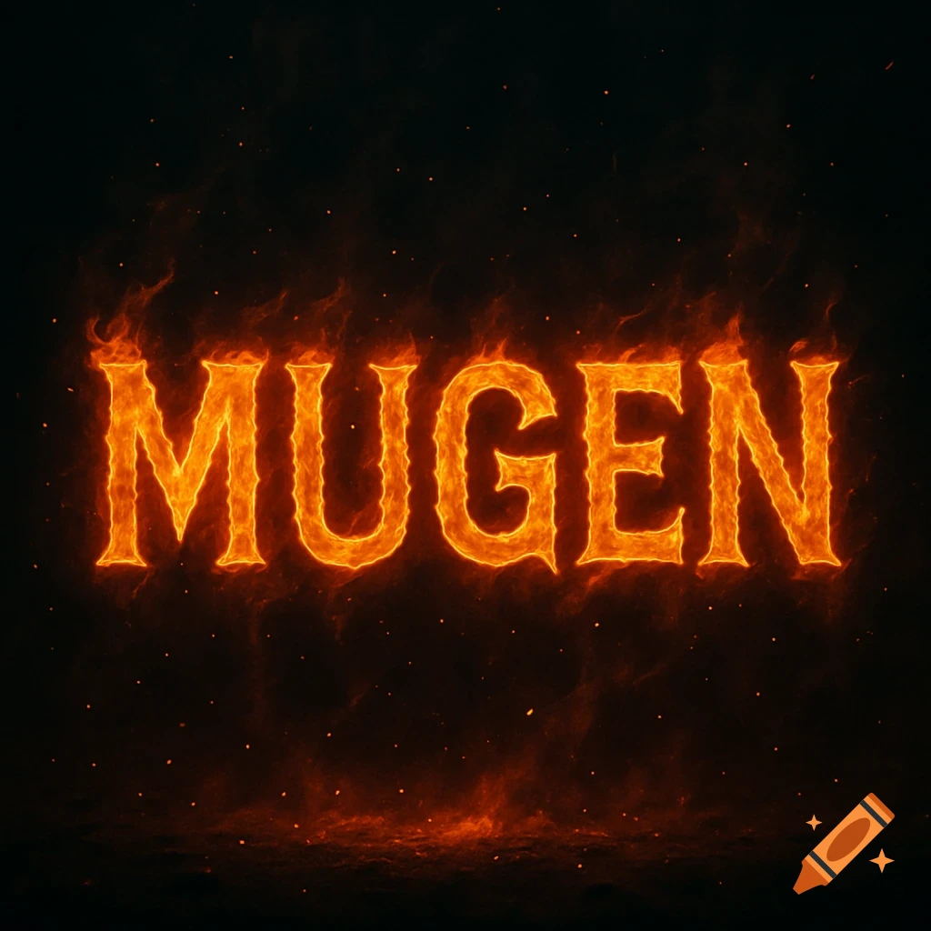 The word MUGEN rendered in glowing orange fire against a dark background with embers.