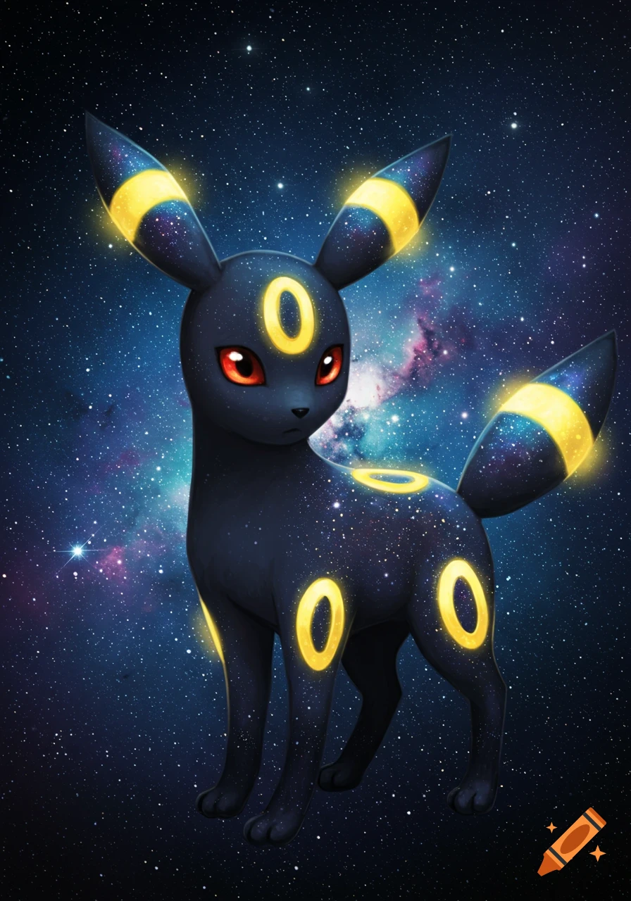 A dark Umbreon Pokémon with glowing yellow rings stands against a vibrant starry space background.