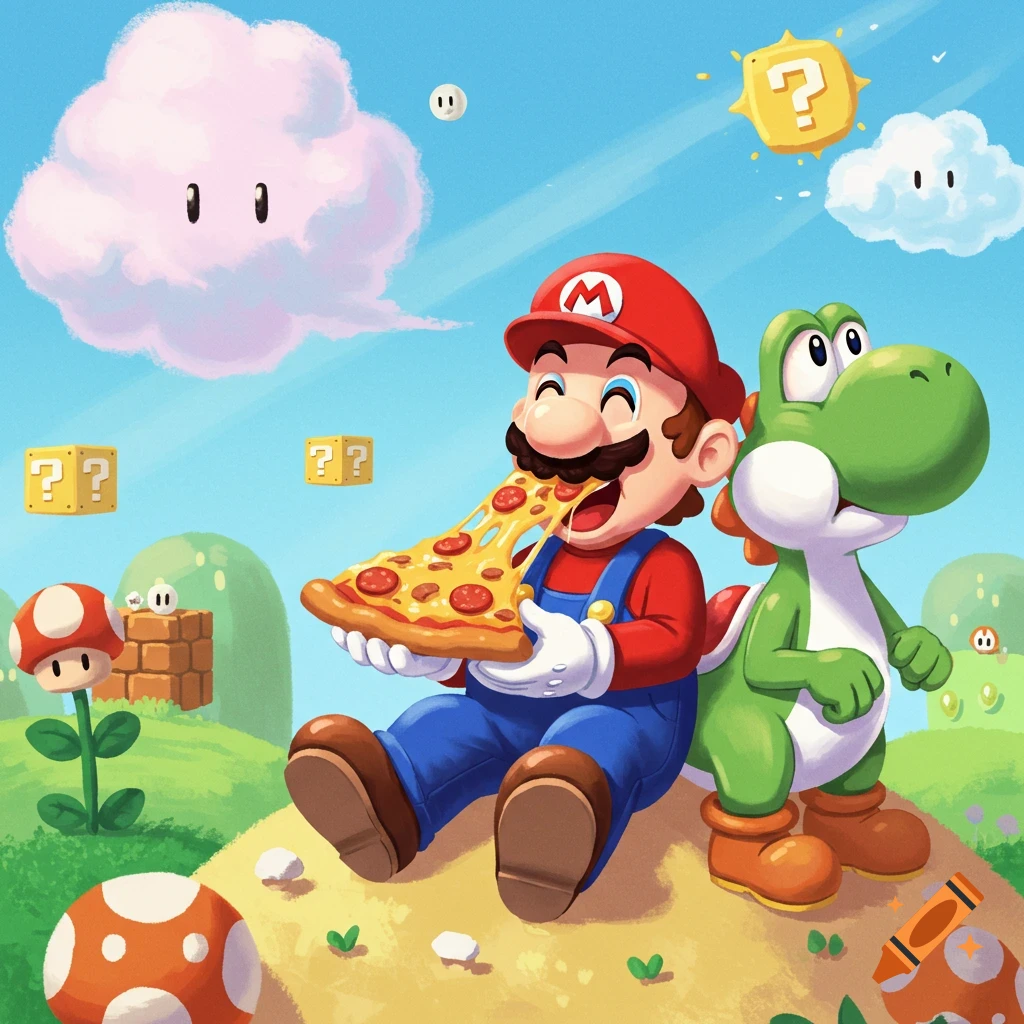 Cartoon Mario happily eats a cheesy pizza slice with stringy cheese while Yoshi sits beside him in a Super Mario themed landscape.