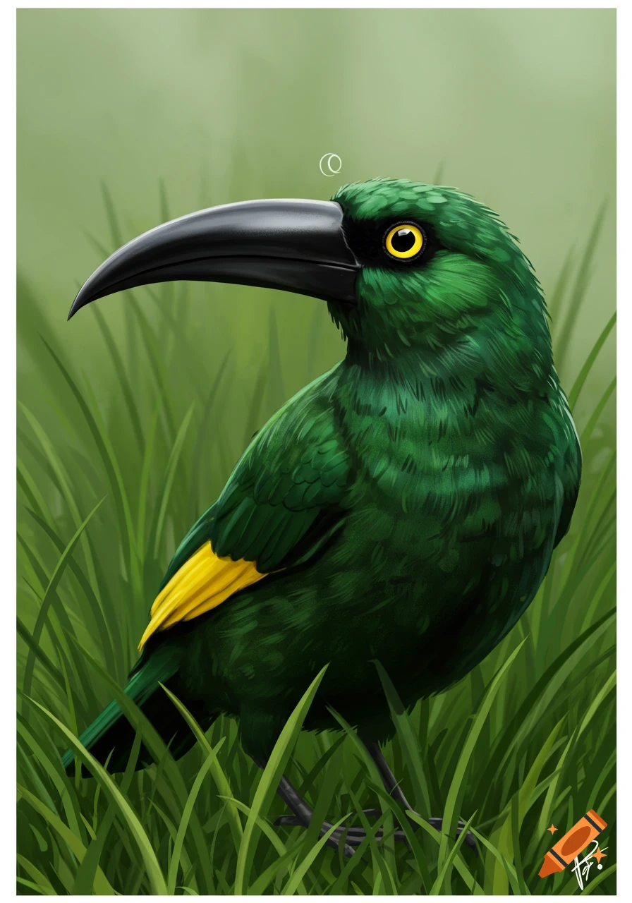 A stylized green bird with a long black beak, yellow eyes, and a yellow patch on its wing, sits in green grass.