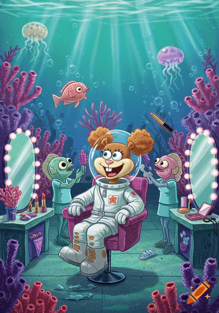 Sandy Cheeks in her space suit sits in a pink salon chair underwater, getting her hair styled by two fish, surrounded by makeup and coral.