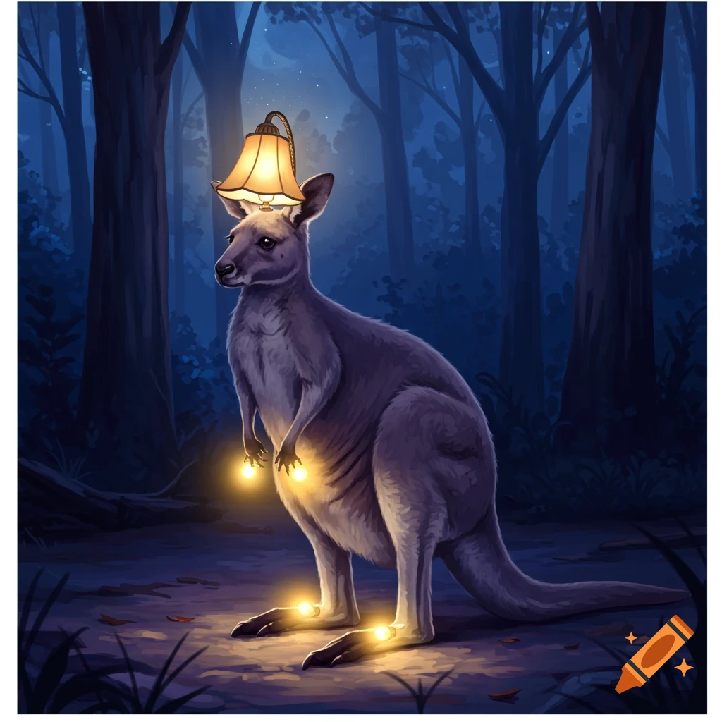 An illustration of a gray-purple kangaroo wearing a glowing lampshade hat and glowing lightbulbs on its paws in a dark forest at night.