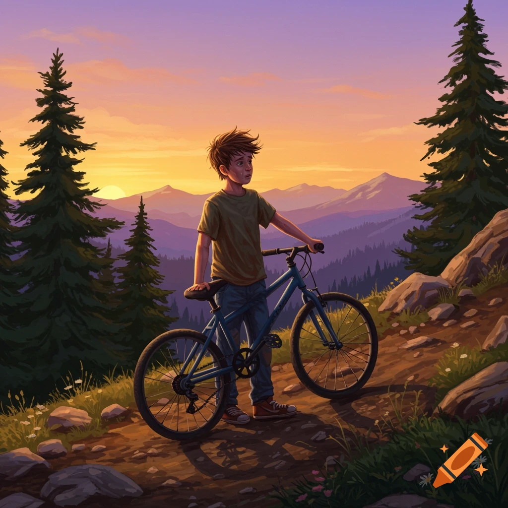 Digital painting of a tired boy standing with his bike on a mountain trail at sunset, with purple mountains in the background.