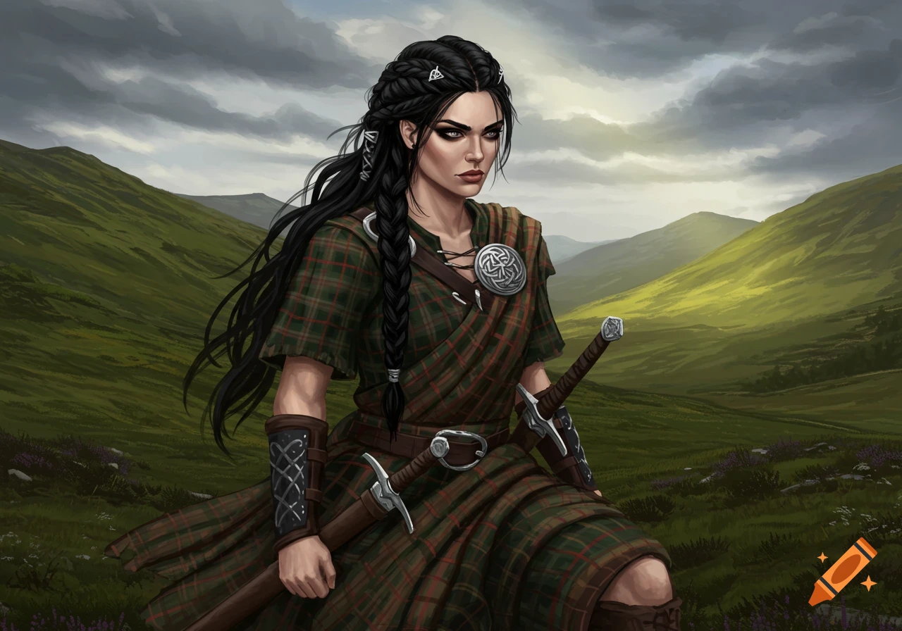 Digital painting of a fierce female Scottish Highlander with braided hair, plaid, and swords in green hills.