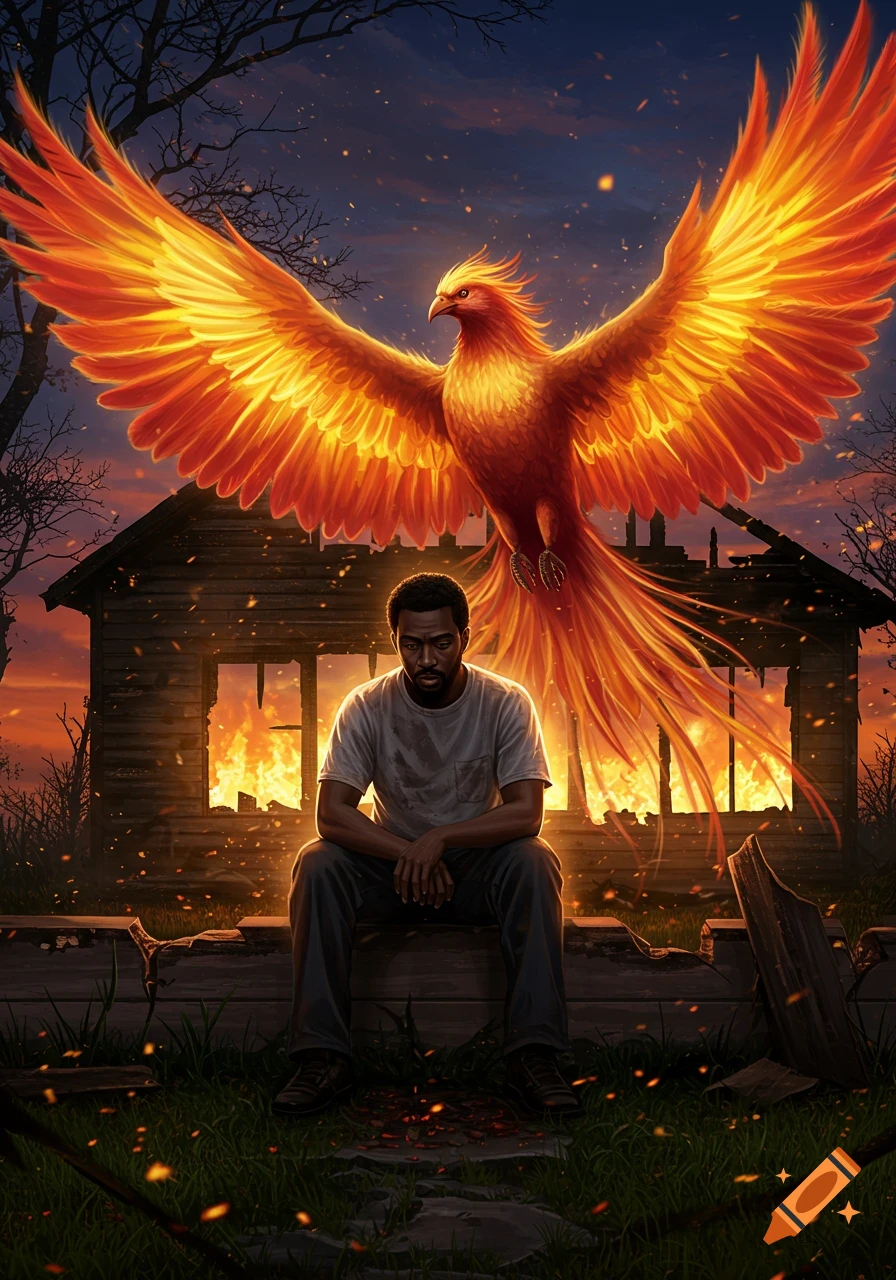 An African American man sits in front of a burning, dilapidated house, with a vibrant, fiery phoenix soaring behind him at sunset.
