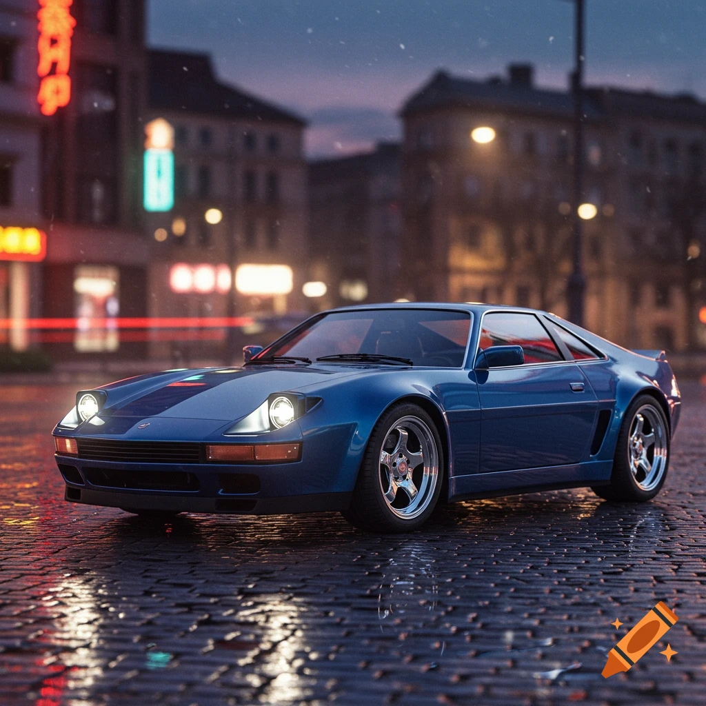 A vibrant red Porsche 944 Cabriolet convertible sits on a wet road at ...