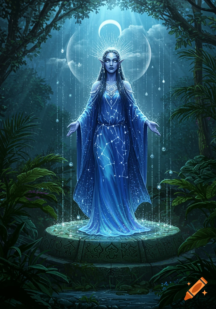 A blue-skinned, elf-like woman in a flowing, star-patterned blue gown stands on a stone pedestal in a magical forest under a crescent moon, with glowing rain falling.