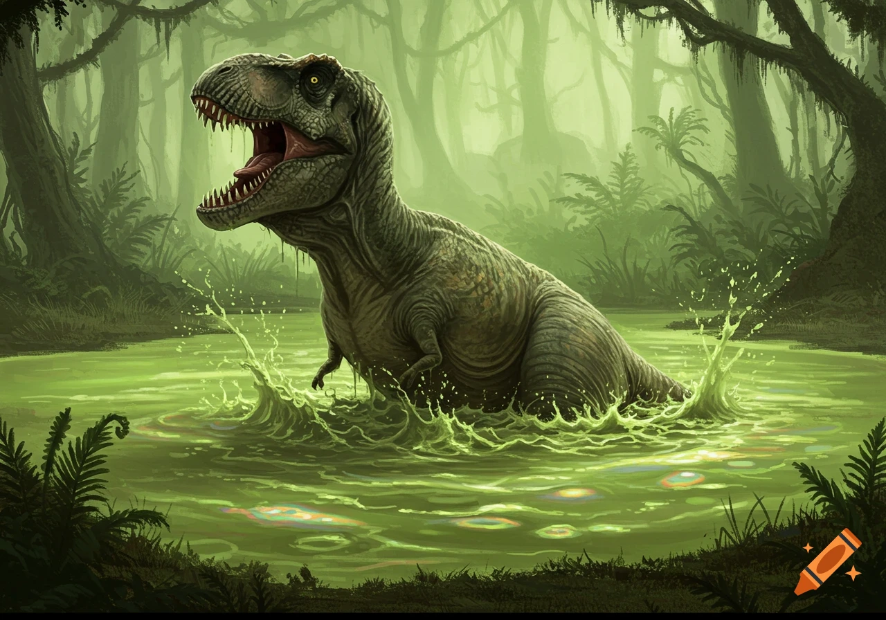 A roaring T-Rex stands in a murky, green swamp, splashing water in a dense, misty jungle.