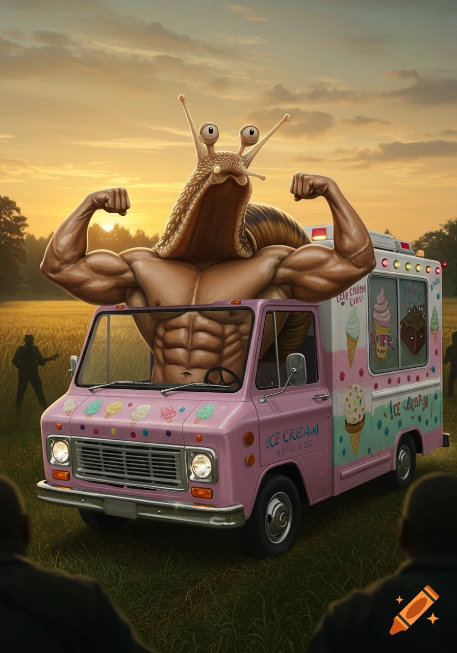 A muscular snail with a human torso drives a pink ice cream truck through a field at sunset, with silhouetted figures nearby.
