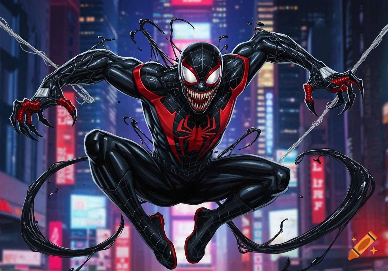 A black and red Venomized Spider-Man leaps dynamically against a blurred cityscape at night, in a comic book art style.