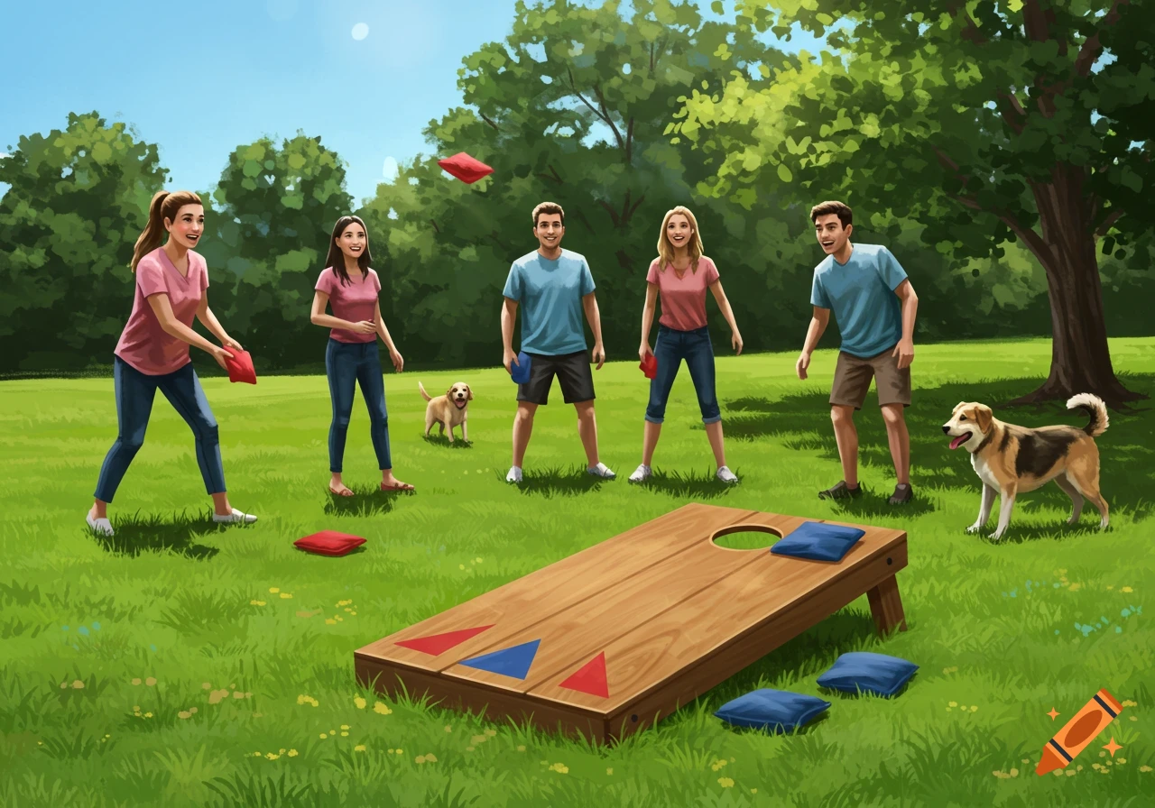 Five people and two dogs playing cornhole in a grassy park under a sunny sky in an illustrative style.