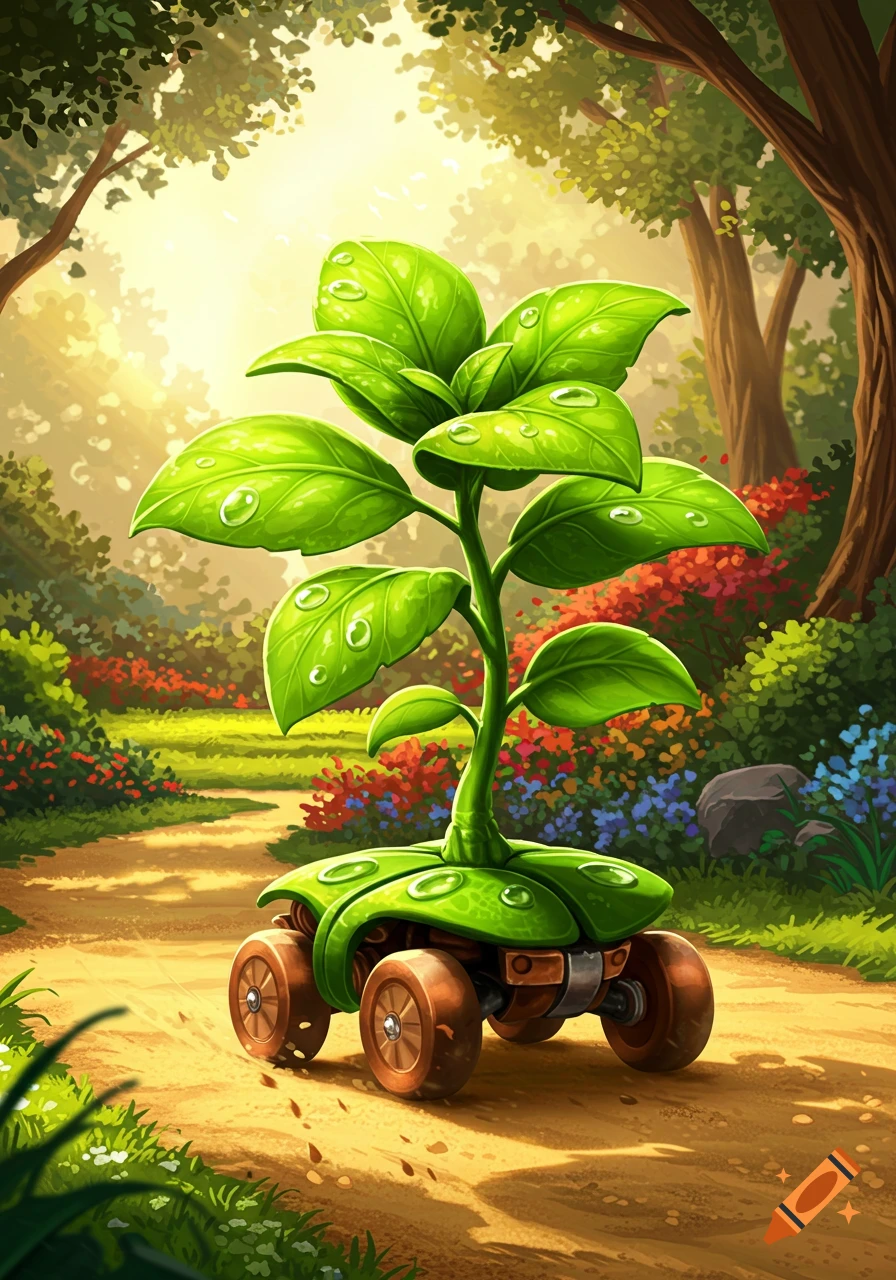 A vibrant cartoon of a green plant with dewy leaves on a wheeled base, moving along a sunlit forest path.
