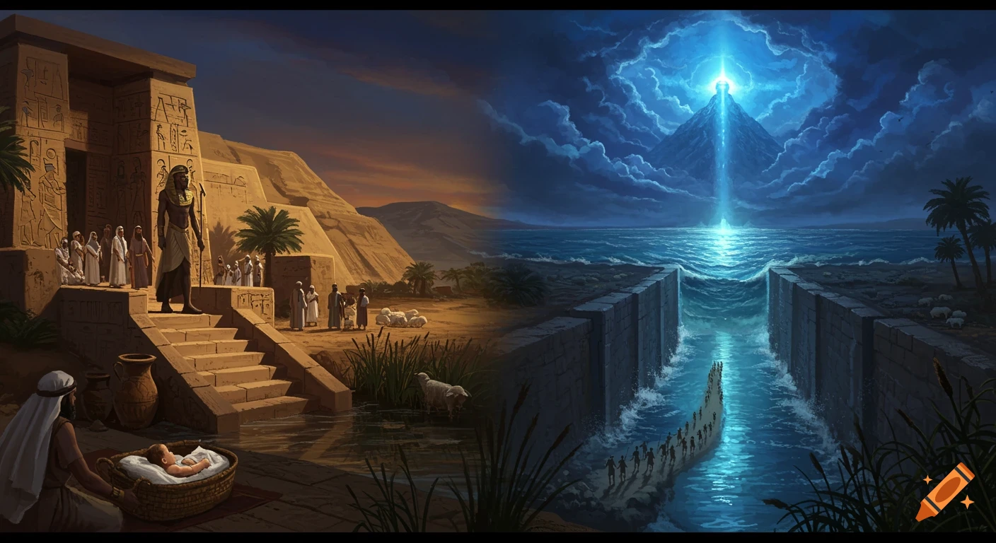 Split image showing ancient Egypt with a pharaoh and baby Moses on one side, and the Red Sea parting for Israelites with a glowing mountain on the other.