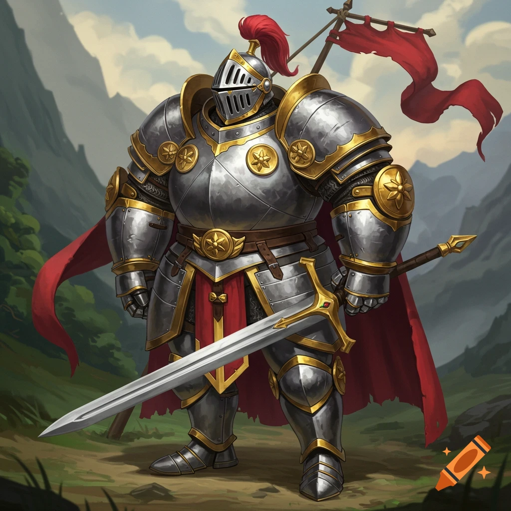 A stylized knight in detailed silver and gold armor with a red plume and cape, holding a sword in a mountain landscape.