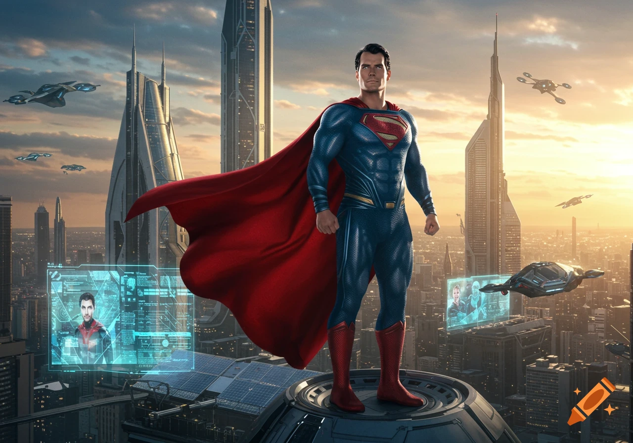 Superman stands on a futuristic rooftop platform overlooking a futuristic city at sunset, with flying vehicles and holographic displays.