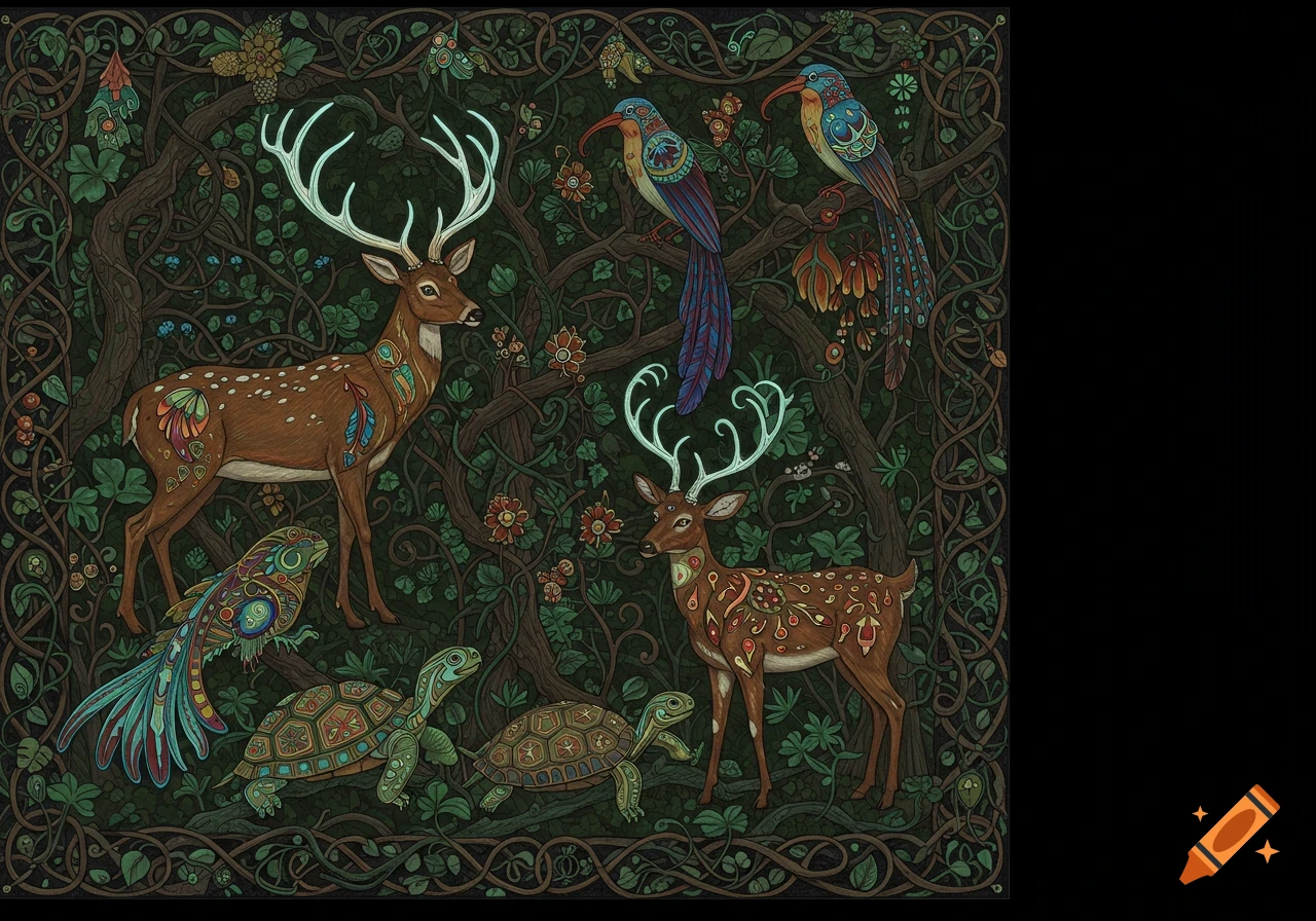 An intricate, colorful illustration in Ojibwe woodland art style featuring deer, birds, and turtles in a dense forest.