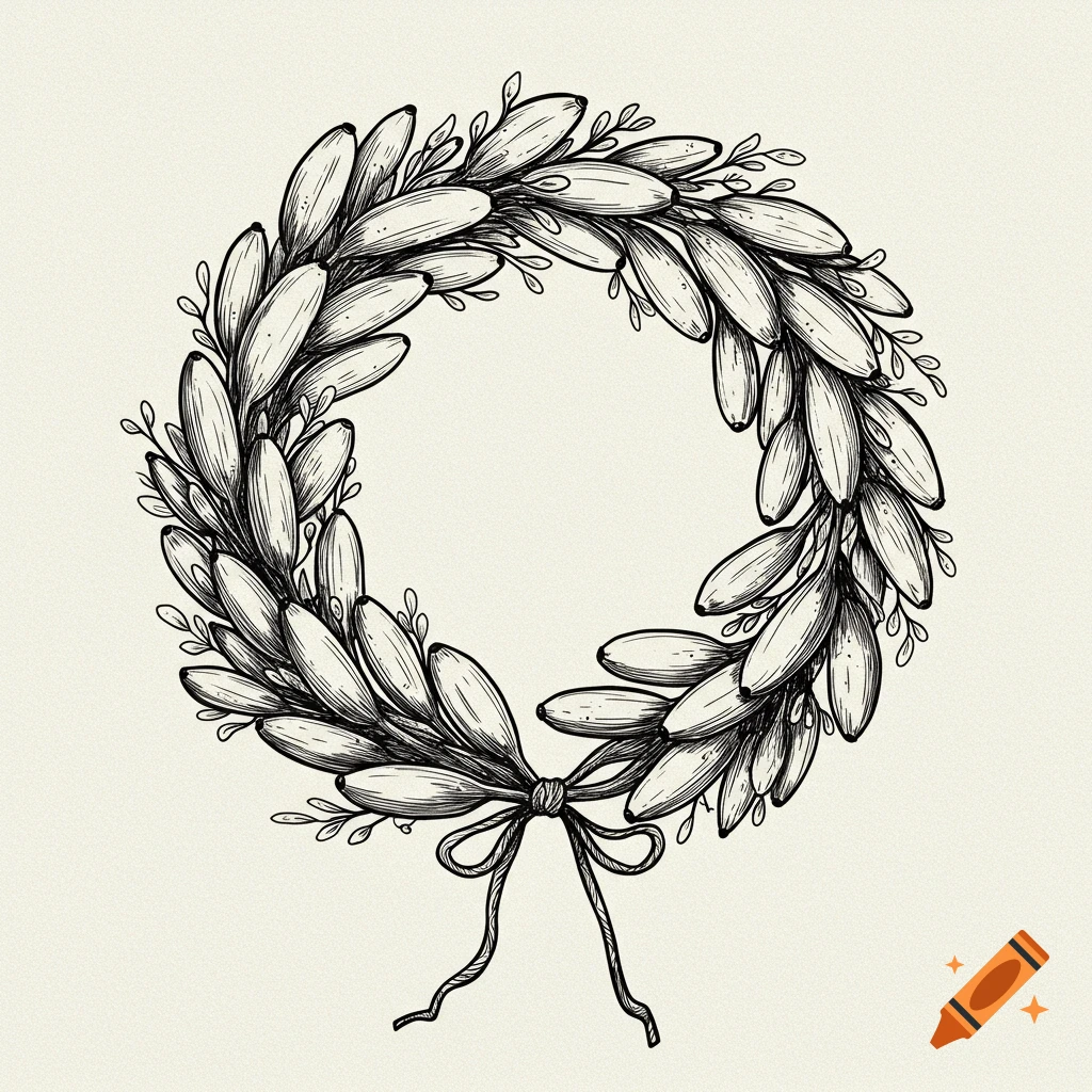 Black and white line drawing of an Ancient Greek-style wreath made from stylized banana leaves, tied with a bow.